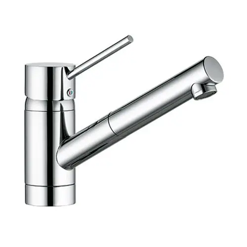 Chromfärbiger Küchenarmatur von Kludi mit herausziehbarem Auslauf und Bedienhebel. Dezentraler Wasserhahn mit schlankem Design für die Spüle.